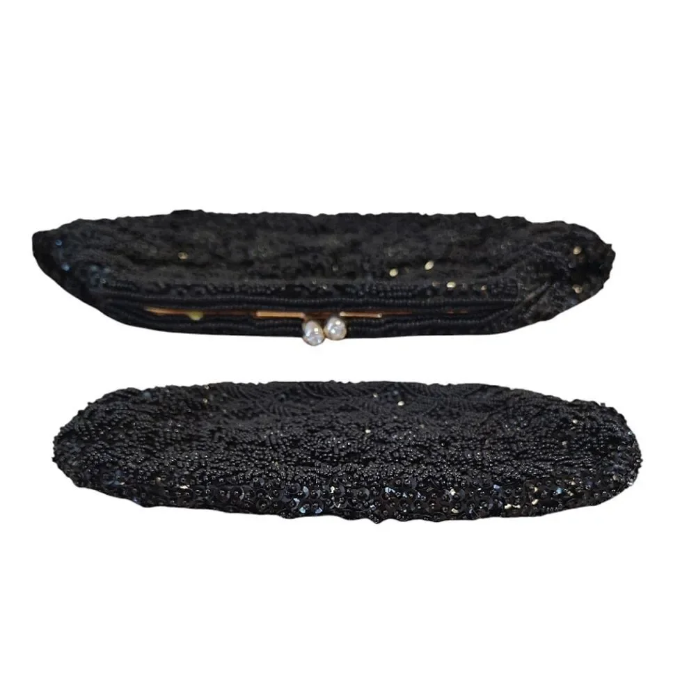 VTG 50s 60s Black Handmade Hong Kong‎ Beaded Sequins Kiss Lock Clutch